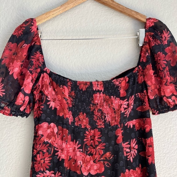 Truly Charming Black & Red Floral Puff Sleeve Cutout Midi Dress S NWOT - Picture 6 of 11